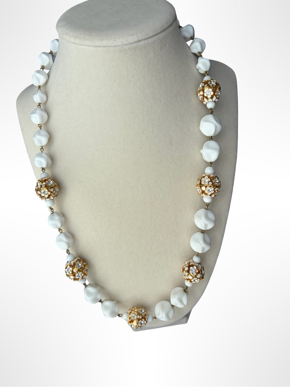 Vintage W. Germany White Milk Glass Ruffle Bead Filigree Rhinestone Necklace